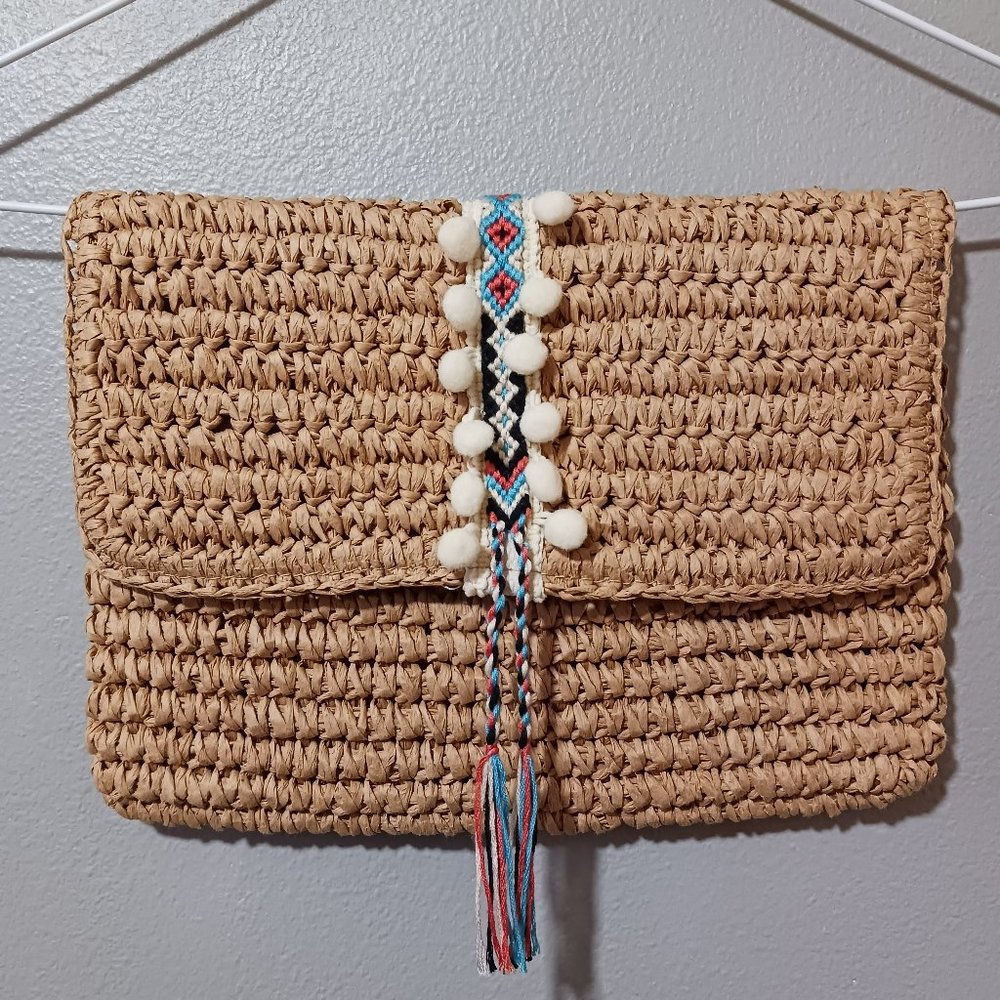 Fallon & Royce Reese Straw Clutch Bag in White Pom Poms